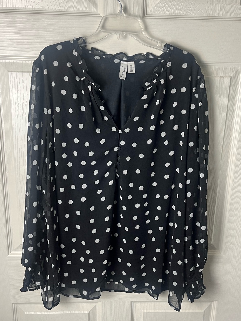 Joie Black and White Polka Dot Ruffle V-Neck Blouse
